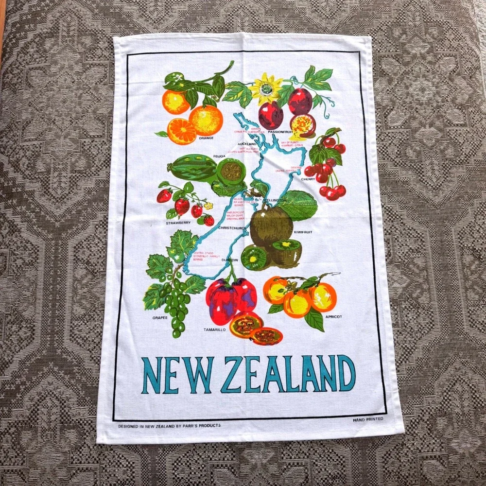 Vintage New Zealand Fruit Map‎ Tea Towel Parrs Products Hand Printed 21x30